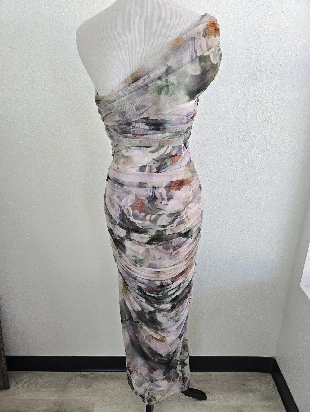Abercrombie & Fitch Mesh Asymmetrical Off The Shoulder Draped Maxi Dress Small